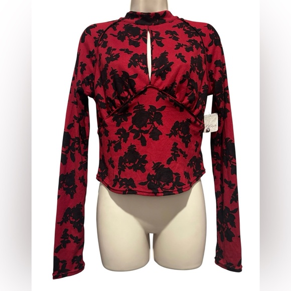 NWT Free People Dinner Party Long Sleeve S Floral Key Hole Mock Neck Retro Chic - Picture 5 of 8